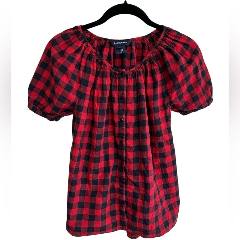 Polo Ralph Lauren Winter Peasant Top Blouse Size 12 Black Red Gingham